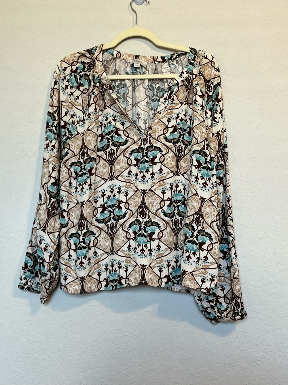 Boho Art Nouveau Floral Rayon Blouse XL Boxy Peasant Top Hippie Chic Gypsy Artsy